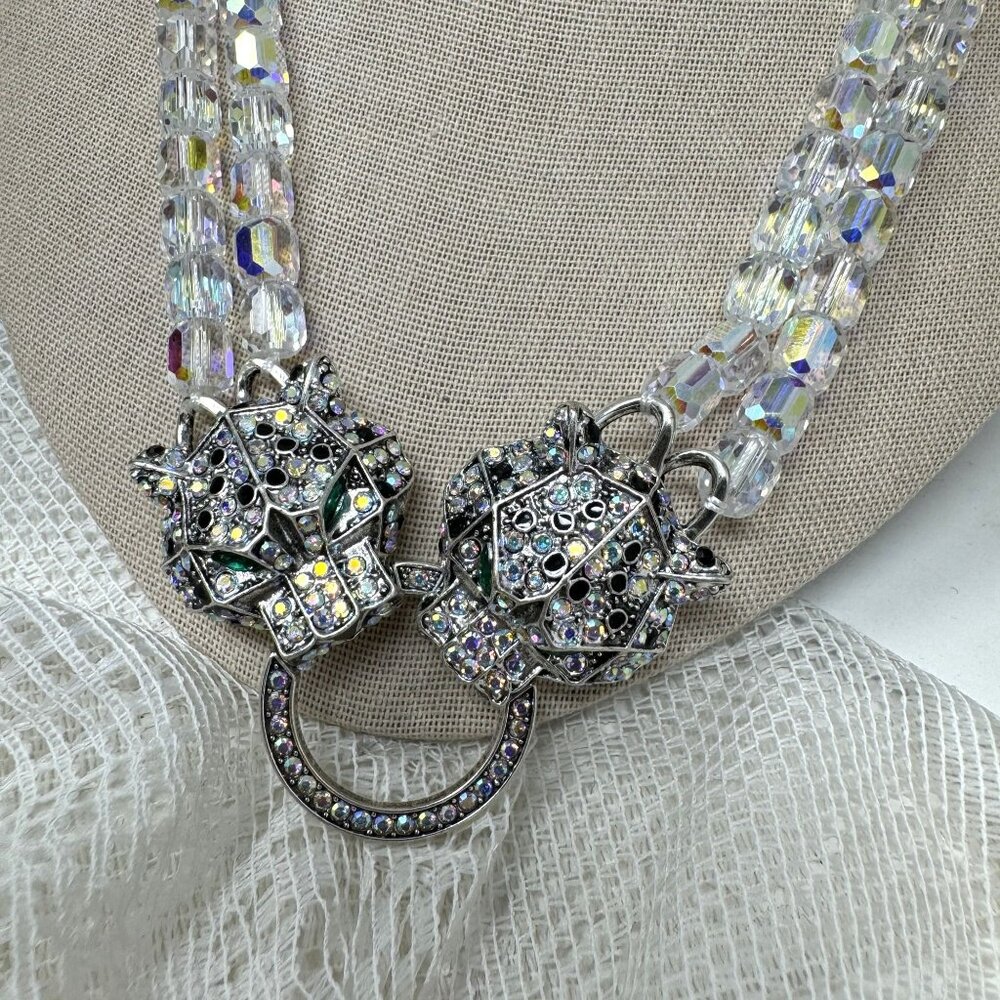 Vintage Rhinestone Panther Clasp Clear Crystal Bead Necklace